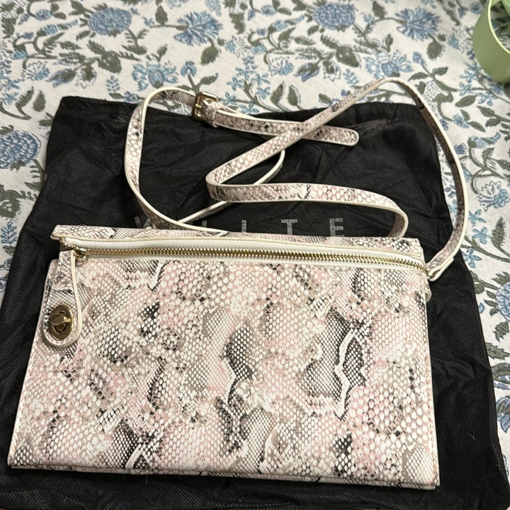 White House Black Market lavender, black, grey & cream faux leather crossbody.